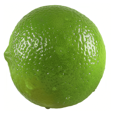 A vibrant green lime, its surface covered in fine textures and speckles of white dots. The fruit is presented against a pure white background, emphasizing its bright color and intricate details that make it stand out as one of nature's most colorful fruits. The ultrarealistic photograph was captured as a high-resolution 3D rendering using Octane Render and Unreal Engine 5, in the style of photorealistic artwork.