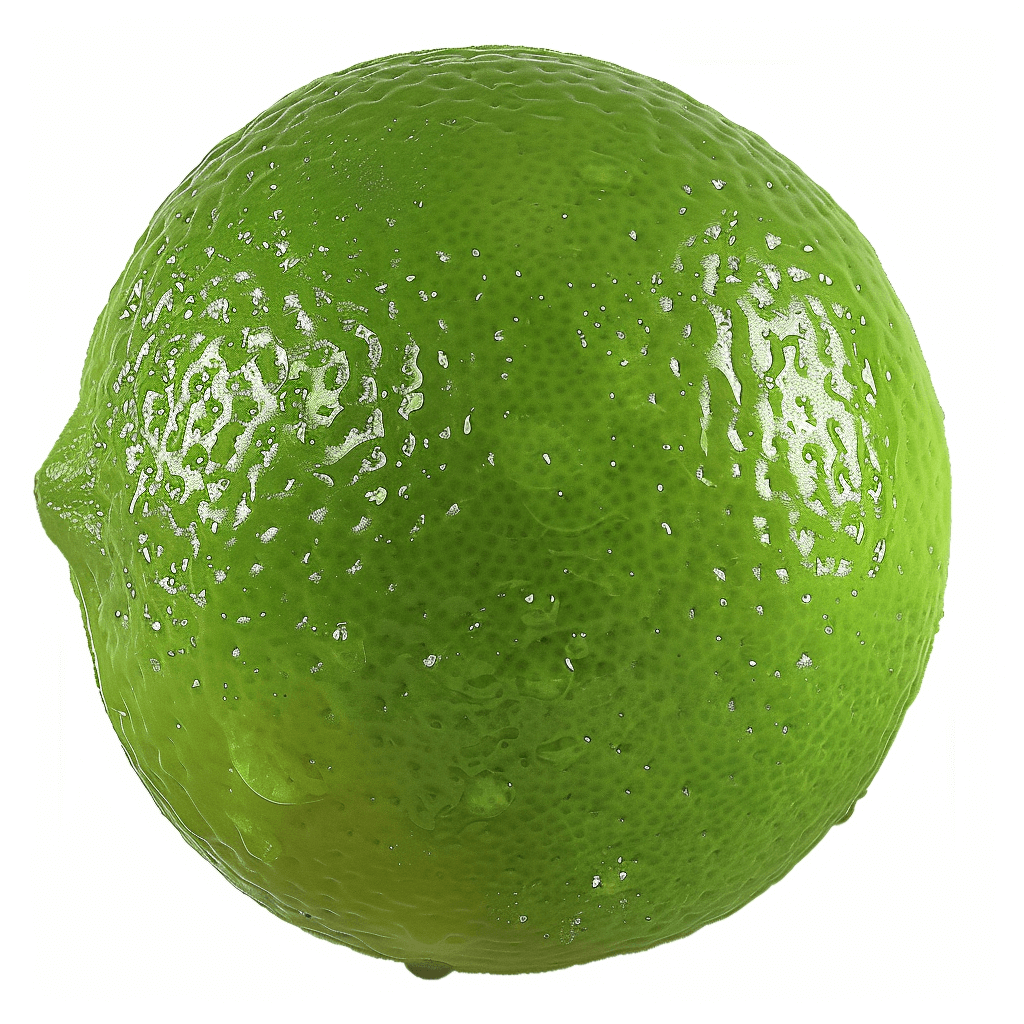 A vibrant green lime, its surface covered in fine textures and speckles of white dots. The fruit is presented against a pure white background, emphasizing its bright color and intricate details that make it stand out as one of nature’s most colorful fruits. The ultrarealistic photograph was captured as a high-resolution 3D rendering using Octane Render and Unreal Engine 5, in the style of photorealistic artwork.