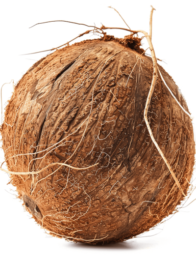 Coconut, realistic photo of whole coconut with its shell and roots on white background, no shadow, high resolution, high details, high quality, high sharpness, high focus, high definition, hyper detailed photography