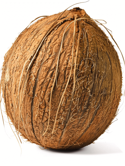 A highly detailed and ultrarealistic photograph of an entire coconut, isolated on white background, with intricate details capturing the natural textures and colors, product photography