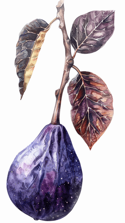 watercolor dark purple fig with leaves on the branch, clipart, isolated on white background, bright colors, details, highly detailed quality professional photography, high resolution illustration, hyperrealistic, in the style of [Studio Ghibli](https://goo.gl/search?artist%20Studio%20Ghibli)