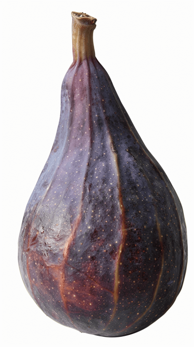 A large purple fig with partially transparent skin, showing red patterns inside, on a white background. Photography in the style of.