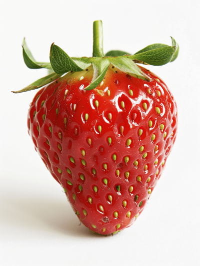 Realistic photograph of an complete strawberry, solid stark white background, focused lighting