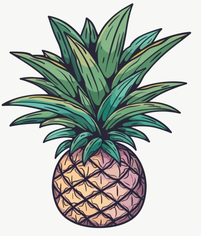 Pineapple cartoon vector illustration for t-shirt printing isolated on a white background, hand drawn in the retro style, colorful design with green leaves and a pink top of pineapple, vector clipart graphic illustration in the style of vintage, detailed line art for print, sticker or logo design.