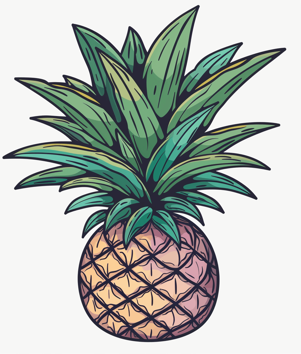 Pineapple cartoon vector illustration for t-shirt printing isolated on a white background, hand drawn in the retro style, colorful design with green leaves and a pink top of pineapple, vector clipart graphic illustration in the style of vintage, detailed line art for print, sticker or logo design.