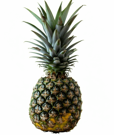 Pineapple, realistic photo of a fresh pineapple isolated on a white background, high resolution, ultra sharp focus, high key light, studio shot, professional color grading, minimal contrast, clean sharp focus, sharp details in the style of a professional photographer.