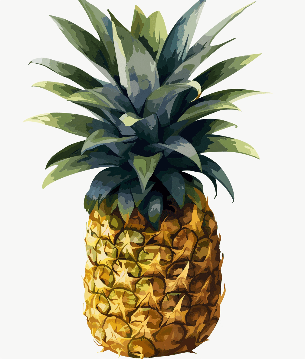 Pineapple, vector illustration with a white background, simple and cute style, flat design, high resolution, no shadows on the body of pineapple. The fruit is completely visible without blur or gradient in bright colors. Low details, no shading in color. No other elements were added to it. High quality drawing, high detail, in the style of hyperrealistic, raw art style. White isolated background.