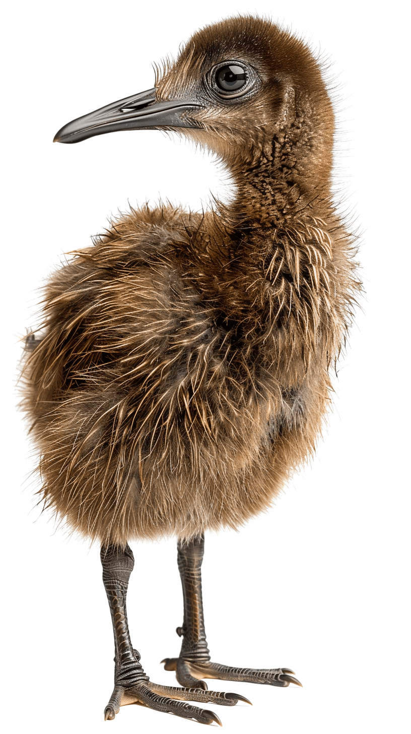 a realistic photo of an elegant emu chick, full body shot, white background, high definition details