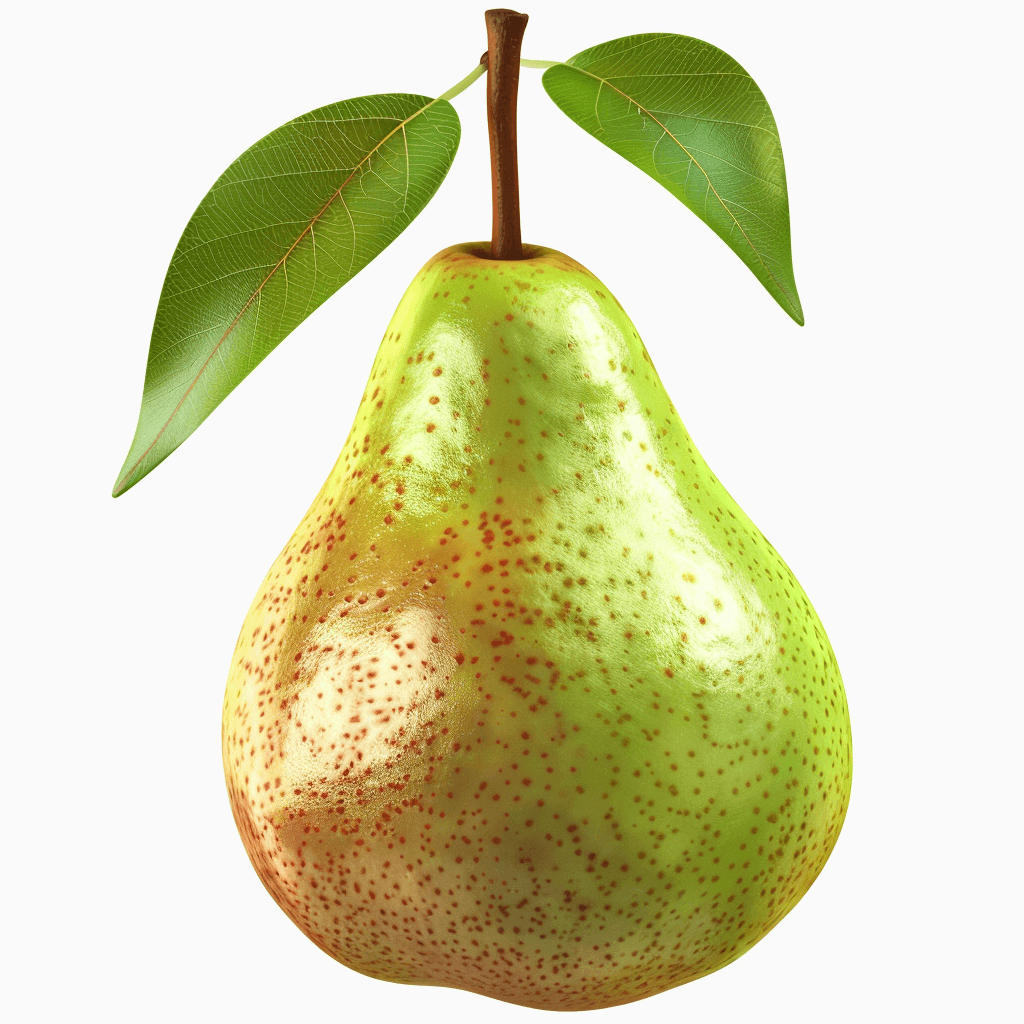 A realistic pear, with green leaves on the top and bottom of its stem, is a single fruit with a white background. It features ultrahigh definition resolution and high-definition rendering without any shadowing. The pear has delicate textures and clear details. There should be some yellow spots on it, and there must not be any other fruits next to or behind it.