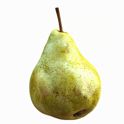 A realistic advertising shot of an entire pear, pear with skin full color, white background, photorealistic, ultradetailed, high resolution