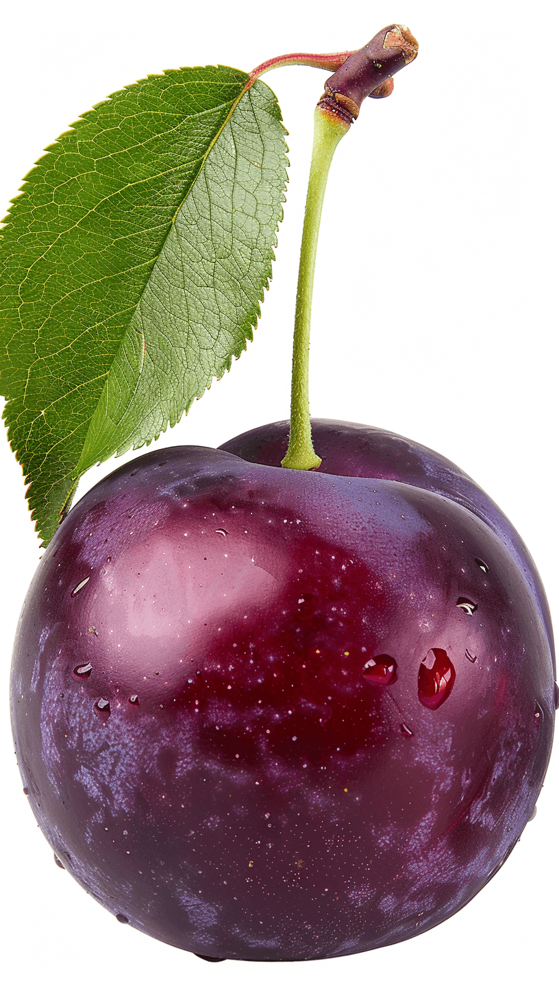 A realistic photo of an isolated purple plum, with green leaves and water droplets on the stem, against a white background. The large plum is vibrant in color, showcasing its glossy texture and dark burgundy hues. It is positioned at one side of the frame to leave space for text or additional elements, creating a visually appealing composition suitable for various applications like food packaging design, magazine covers, etc. The photo is of a plum isolated on a white background at high resolution.