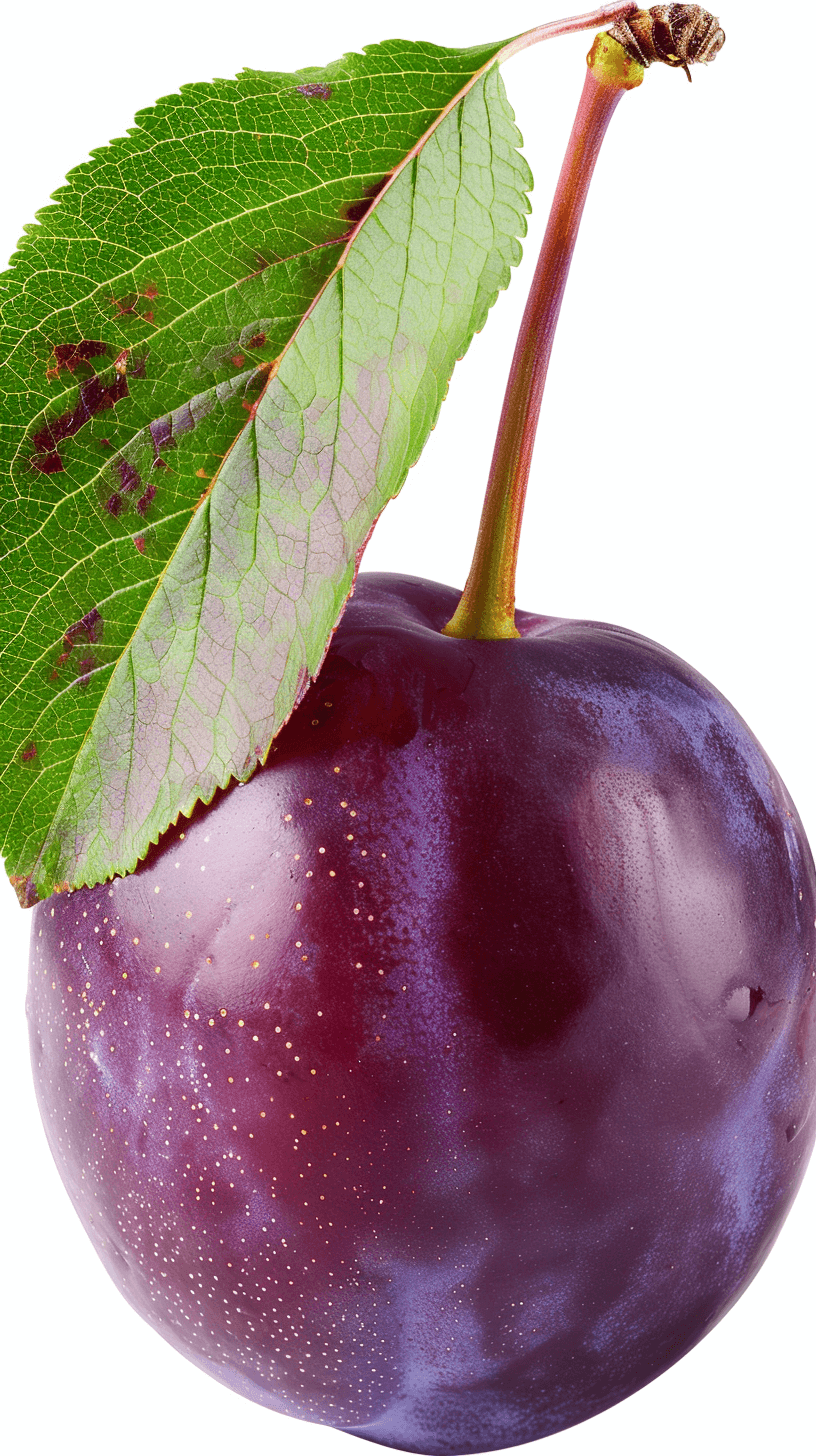 A realistic photo of an entire purple plum with a green leaf, isolated on a white background, in a high resolution photographic style.