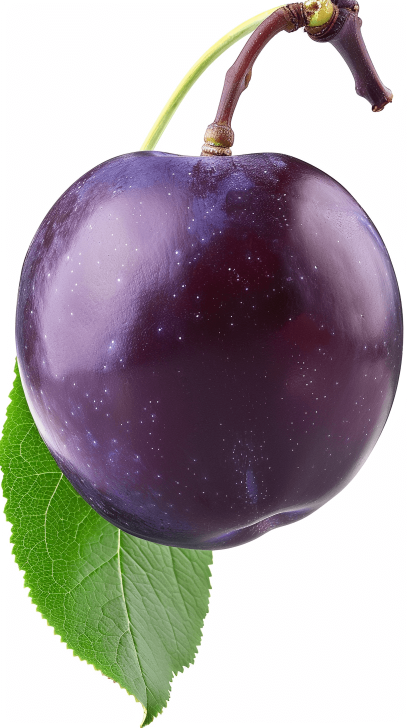 A realistic plum with leaves, clipart in the style of digital illustrations, dark purple and light green on a white background, no shadow, high resolution photography, insanely detailed, isolated on a plain white background, stock photo quality