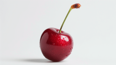 A cherry with water droplets on it against a white background, photographed in a studio with a macro lens in sharp focus and high resolution with high detail, professionally color graded with soft shadows and no contrast, clean sharp focus and high-end retouching in the style of food magazine advertising photography.