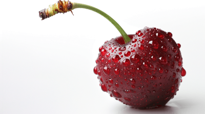 A cherry with water droplets on it, white background, macro photography, studio lighting, commercial shoot. The image is in the style of studio macro photography.