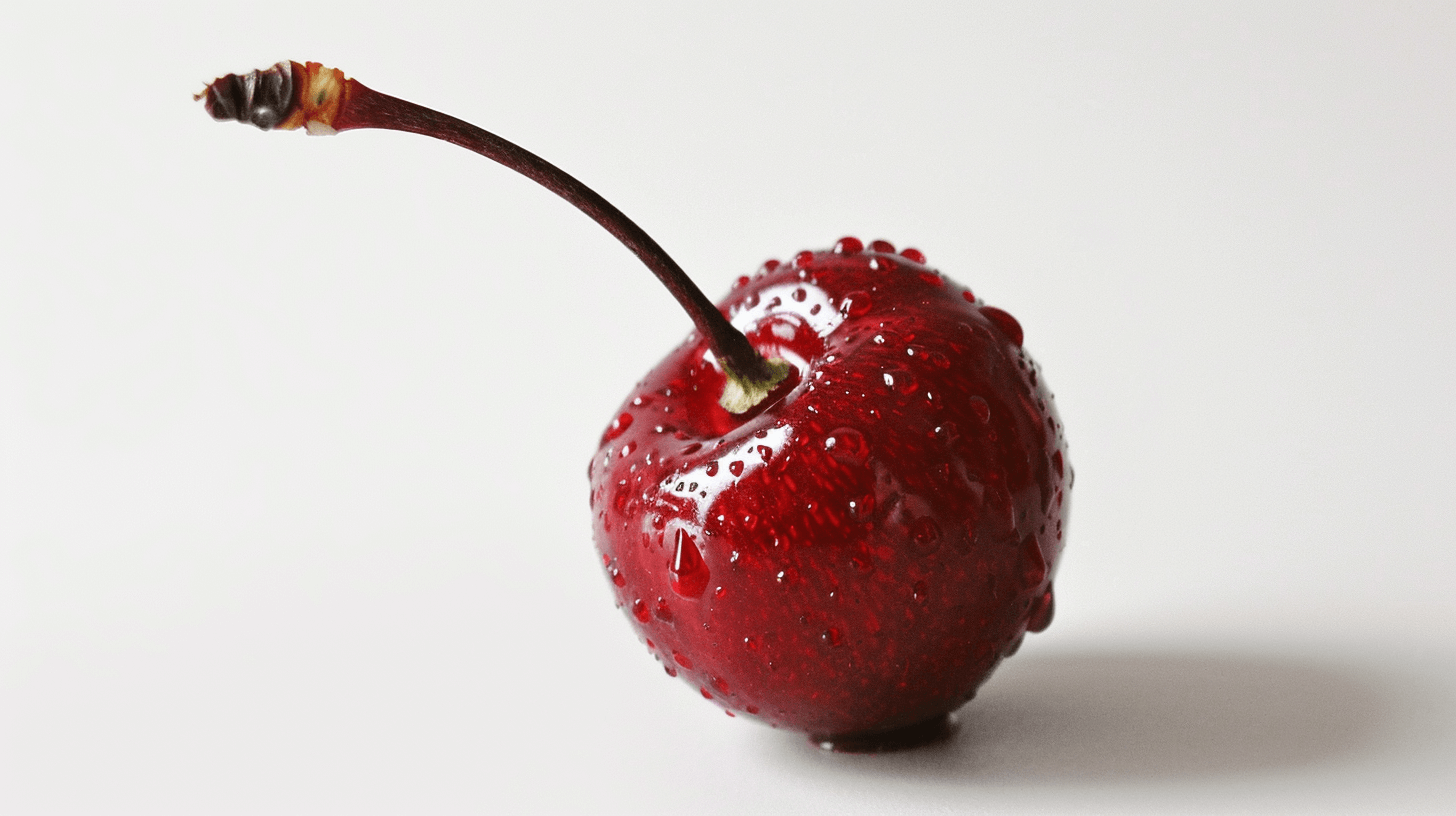 one cherry with water droplets on it, isolated against white background, studio photography, macro shot by [David LaChapelle](https://goo.gl/search?artist%20David%20LaChapelle) and [Martin Parr](https://goo.gl/search?artist%20Martin%20Parr)