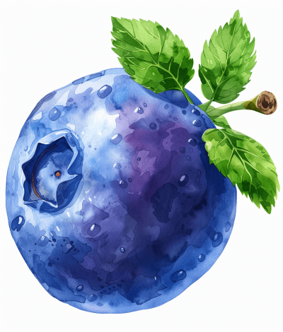 watercolor blueberry clipart on a white background in the hyper realistic illustration style.