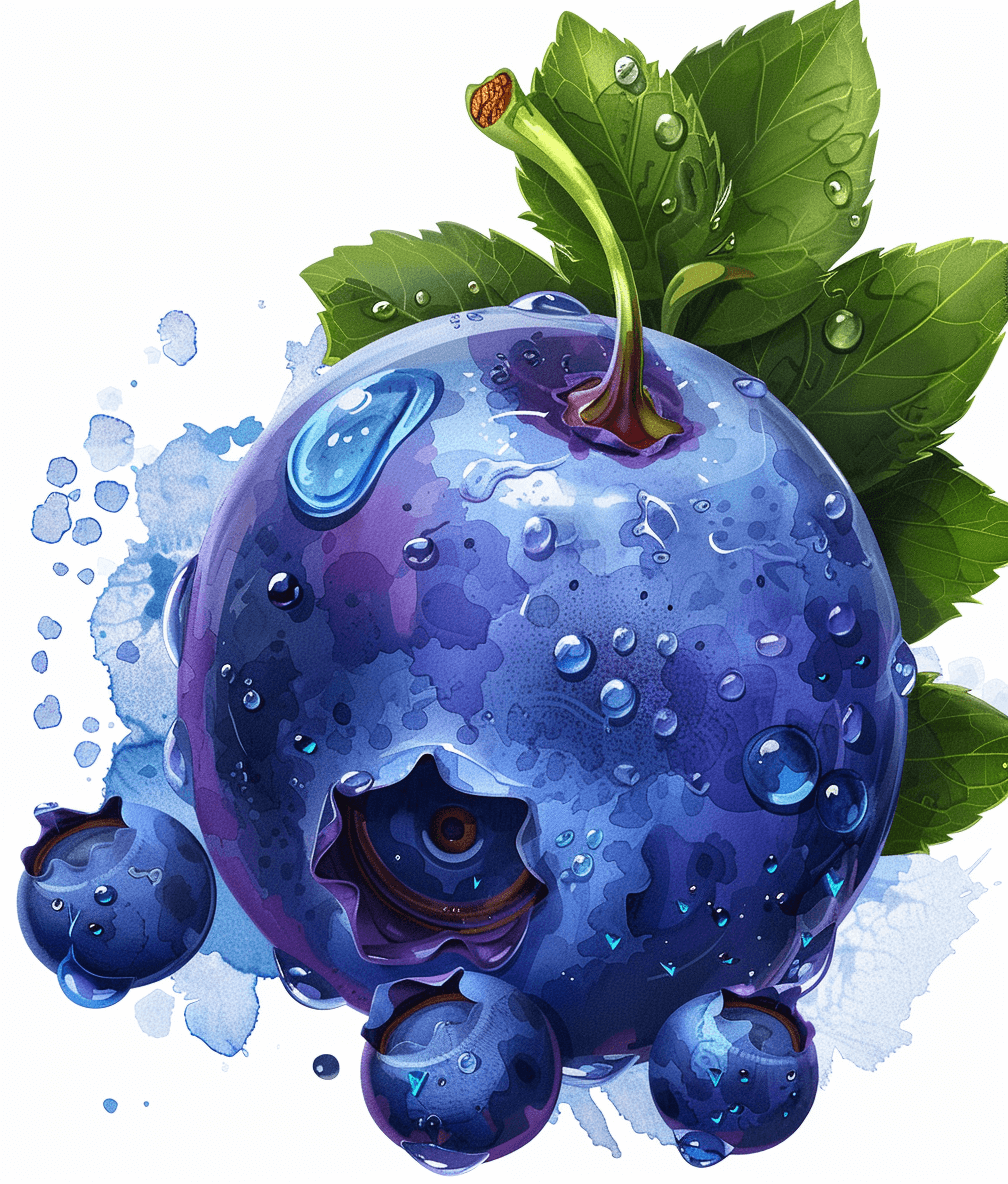 A juicy blueberry with water droplets, in the cartoon style, for a game icon design, on a white background, in the watercolor painting style, as digital art, as an illustration, as a digital drawing, with details, at high definition, with sharp focus, in a hyper realistic style, at super resolution, with megapixels.