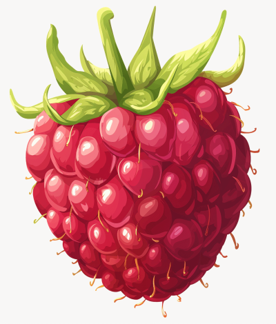 A cartoon-style illustration of an isolated raspberry, designed in vector art with a flat color style and a white background. The raspberry is depicted as a large red-colored fruit with glossy texture and bright green leaves on top. It has detailed seeds visible inside the center. This design captures realism while maintaining a playful feel suitable for animation or graphic illustrations.