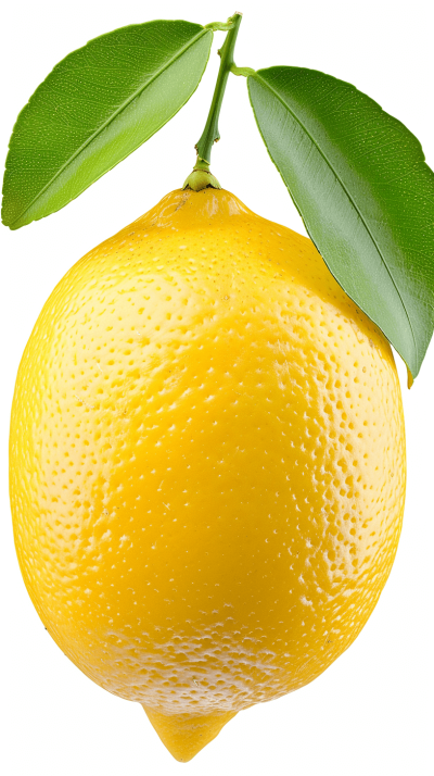 Realistic photo of yellow lemon with green leaf on white background, high resolution photography, insanely detailed, stock photo, professional color grading, hyper realistic, isolated