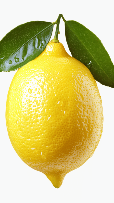 Realistic yellow lemon with green leaf on white background, no shadow under the fruit, no water droplets, no reflections of light, no blur, no bokeh effect, no shadows behind the lemon. The lemon is centered and isolated from its surroundings. There should be no other elements in front or around it to make sure there's nothing covering part of the stem that leaves, isolated element on transparent background, png. No text, 300 dpi, high resolution. Isolated element for graphic design