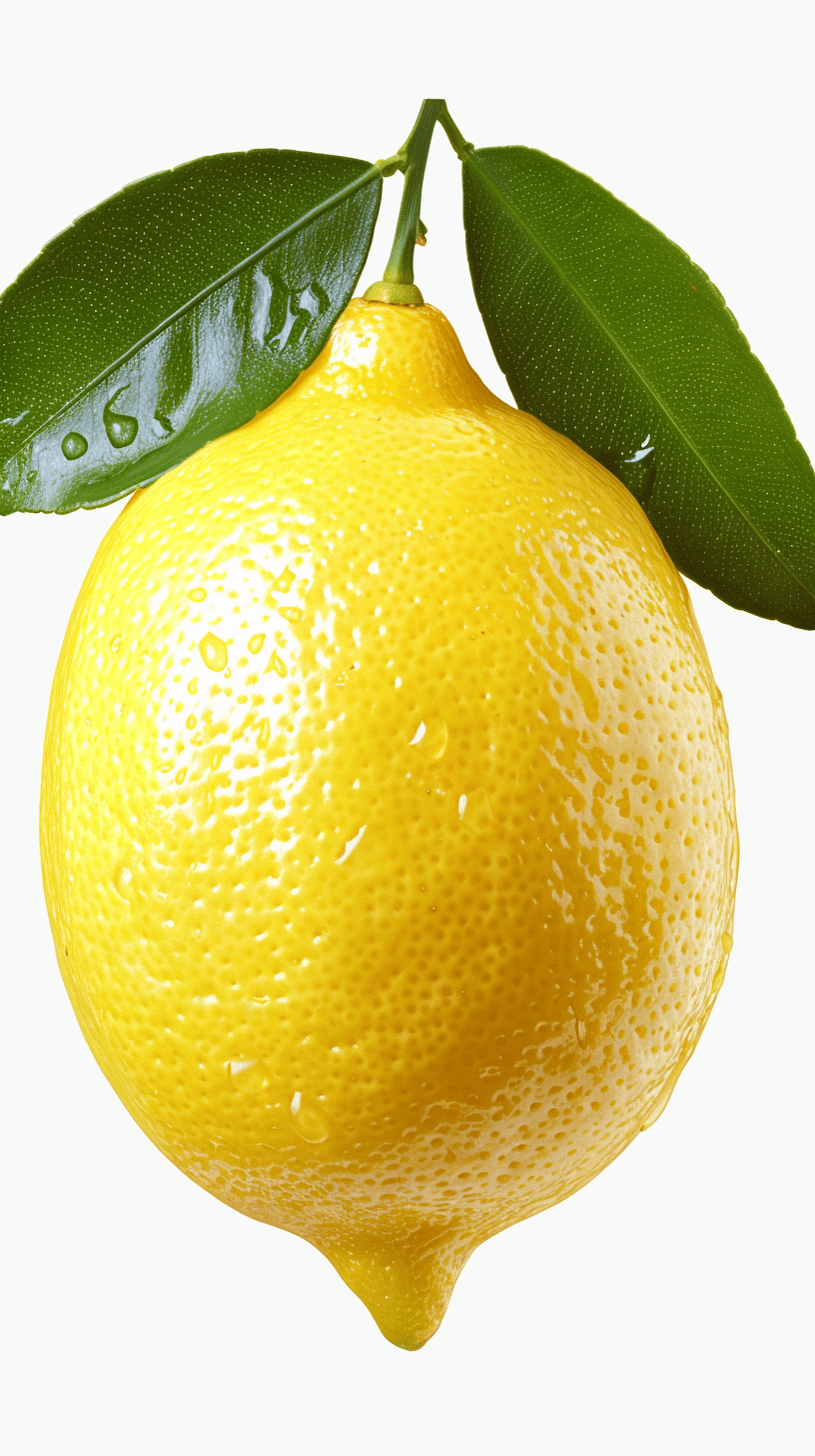 Realistic yellow lemon with green leaf on white background, no shadow under the fruit, no water droplets, no reflections of light, no blur, no bokeh effect, no shadows behind the lemon. The lemon is centered and isolated from its surroundings. There should be no other elements in front or around it to make sure there’s nothing covering part of the stem that leaves, isolated element on transparent background, png. No text, 300 dpi, high resolution. Isolated element for graphic design