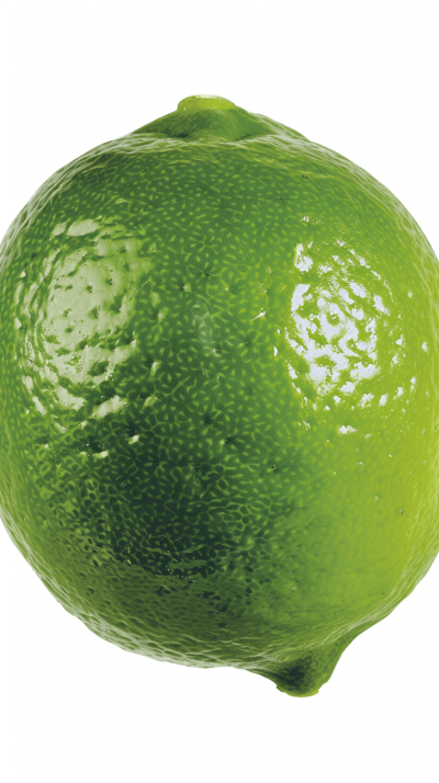 A realistic photo of an entire lime isolated on a white background, in the style of food magazine covers. The high resolution digital photography features a green lime with detailed texture and natural lighting. The image showcases every detail and highlights its vibrant color against a clean white backdrop. A bright photograph with soft shadows, sharp focus, a neutral tone, and the pure green color of the lime.