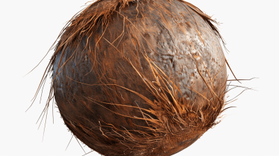 A highly detailed and hyperrealistic rendering of an organic coconut, showcasing its natural texture with intricate hairlike brown skin. The background is white for easy temple animation and to highlight the detail in each scale on the shell with dynamic lighting. Rendered using Octane render engine for high resolution and cinematic quality in the style of realistic artwork.