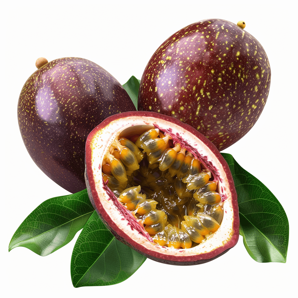 P Veggie fresh organic whole and sliced passion fruits for summer dessert or juice drink with highly detailed on white background, cut in half purple dragon fruit and yellow blended grapefruit isolated on transparent png white background cutout vector stock illustration of tropical natural greenery. High resolution photo realistic, sharp focus, hyperdetailed