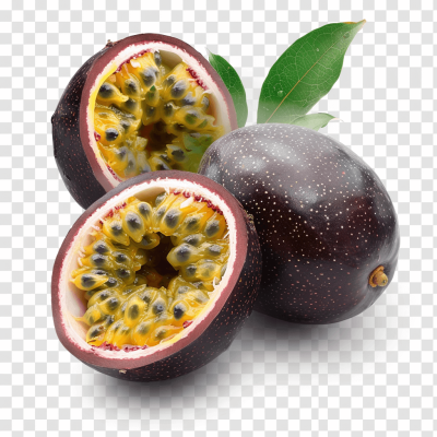 Fruit passion fruit cut in half, isolated on transparent background png format