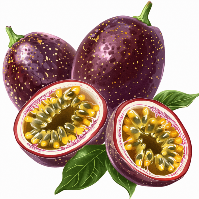 A realistic illustration of passion fruit cut in half, showcasing its vibrant purple color and golden seeds with green leaves on a white background to remove any background distractions. The image is depicted in the style of removing background.