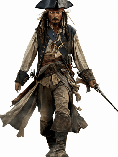 Pirate, full body character concept art of Jack Sparrow in Pirates Of The Caribbean movie, white background, full color