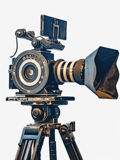 a photo of an old movie camera on tripod, white background, png style, no text or images near the subject, isolated object, clean lines, professional photography, sharp focus, extreme resolution