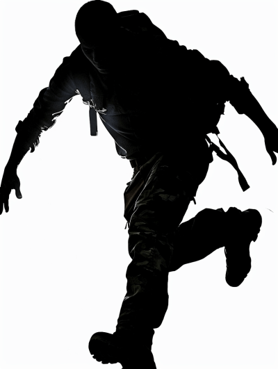 A silhouette of an armed soldier in full gear, moving at high speed with his legs extended and body tilted to the side., Isolated on white background.