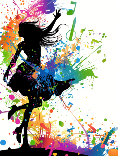 vector silhouette of girl dancing, musical notes and colorful splashes background