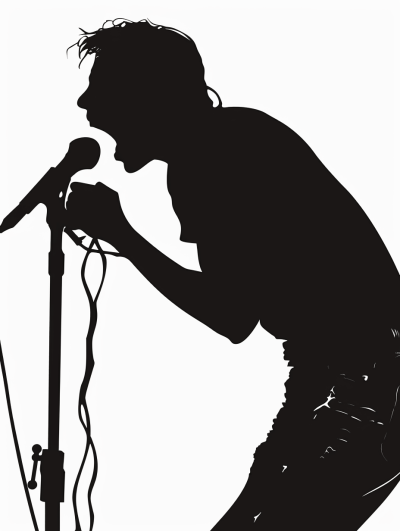 Silhouette of rock singer on stage, singing into microphone, vector illustration, white background, simple design, no shadows, high contrast, low detail, minimalistic, black and white, flat colors, side view, high resolution, no text or lettering, high quality