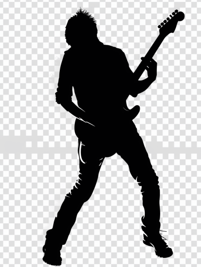 Silhouette of rock guitarist, transparent background PNG clipart sticker design.