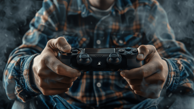 A man holds the controller of his playstation, playing video games. He is wearing a flannel shirt and jeans. The background has dark grey tones. The photo was taken with a DSLR camera.