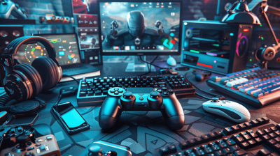 Gaming setup with multiple gaming accessories, keyboard and mouse, computer monitor displaying a game scene, headphones on the desk, mobile phone lying nearby. Concept of video games, online play, multi-device gameplay. High resolution photography, intricate details, volumetric lighting, in the style of cinematic style.