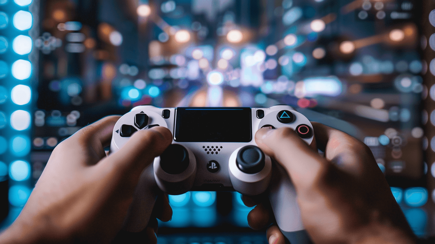 Close up of hands holding a game controller playing video games, with a background of blurred city lights and buildings at night. Concept for the gaming industry, technology or modern lifestyle. Photo taken in the style of Canon R5.