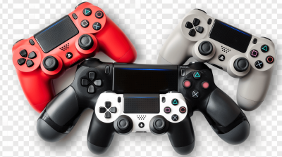 Red, black and white game controllers for PlayStation 4 isolated on transparent background cutout PNG file, top view