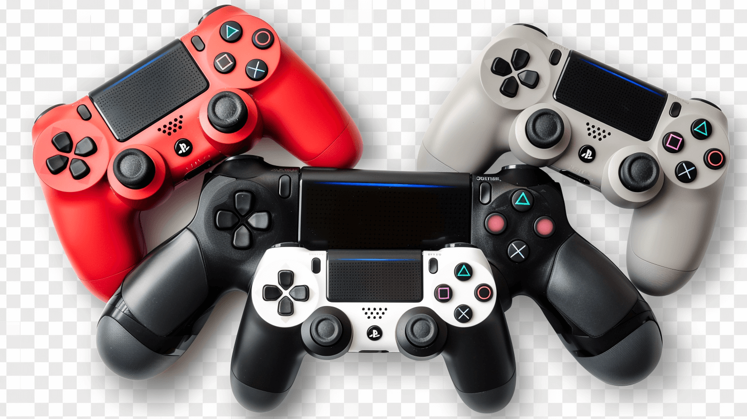 Red, black and white game controllers for PlayStation 4 isolated on transparent background cutout PNG file, top view