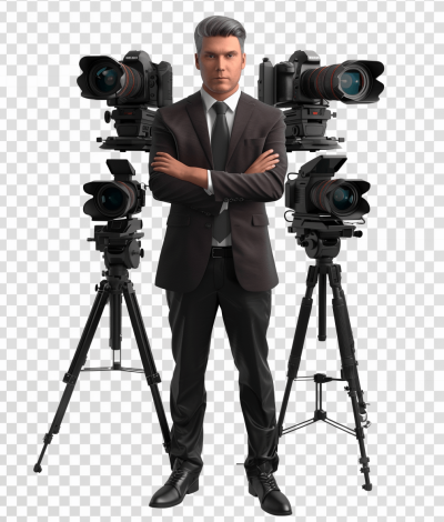 A man in a suit and tie standing with his arms crossed, surrounded by cameras on tripods, with a transparent background in the style of a png image, high resolution digital art