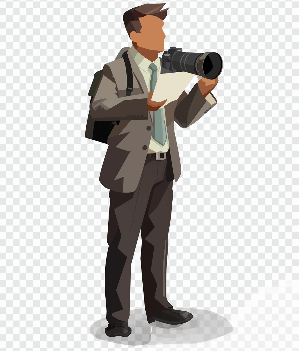 A photo of the journalist holding camera and taking notes, wearing suit on transparent background clipart, vector flat icon illustration