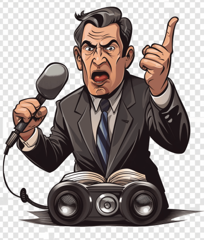 Cartoon style of an angry politician speaking into the microphone, holding binoculars in his hand with book on it, transparent background png