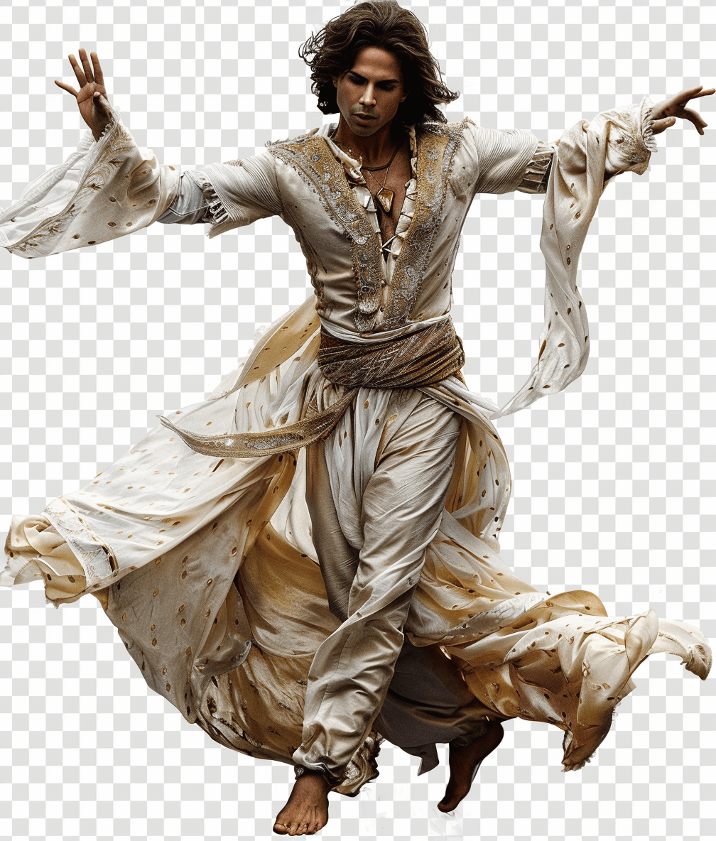 full body pose of male with long hair in white and beige arabic , fantasy movie character by [Magali Villeneuve](https://goo.gl/search?artist%20Magali%20Villeneuve) , dynamic poses, leather shoes, dance scene from the film Aladdin, on transparent background, detailed face features, high resolution