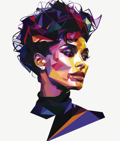 An vector illustration of an African American woman with short hair, styled in the lowpoly style reminiscent of in the style of John Walsom's work. She is wearing a black turtleneck and has her head tilted to one side as if speaking or showing emotion. The colors used for facial features include purple tones, while other elements around her use vibrant geometric shapes in various shades of blue, green and yellow, creating depth on a white background.