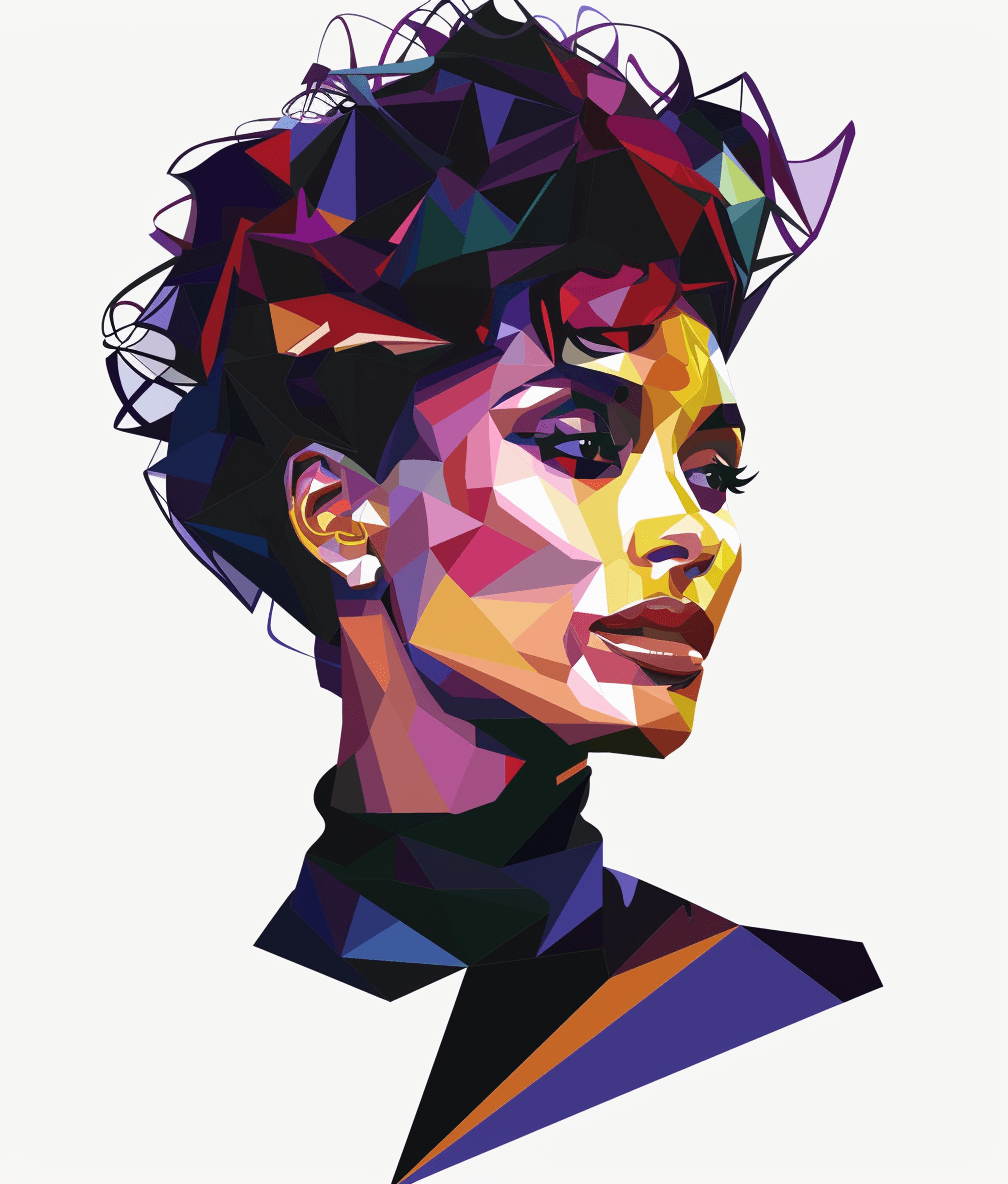 An vector illustration of an African American woman with short hair, styled in the lowpoly style reminiscent of in the style of John Walsom’s work. She is wearing a black turtleneck and has her head tilted to one side as if speaking or showing emotion. The colors used for facial features include purple tones, while other elements around her use vibrant geometric shapes in various shades of blue, green and yellow, creating depth on a white background.