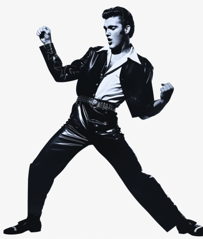 Black and white photo of Elvis Presley, wearing black leather pants, facing the camera, arms in an open pose doing his classic rock n' roll dance move, isolated on a solid color background, with white background and white edges, at high resolution.