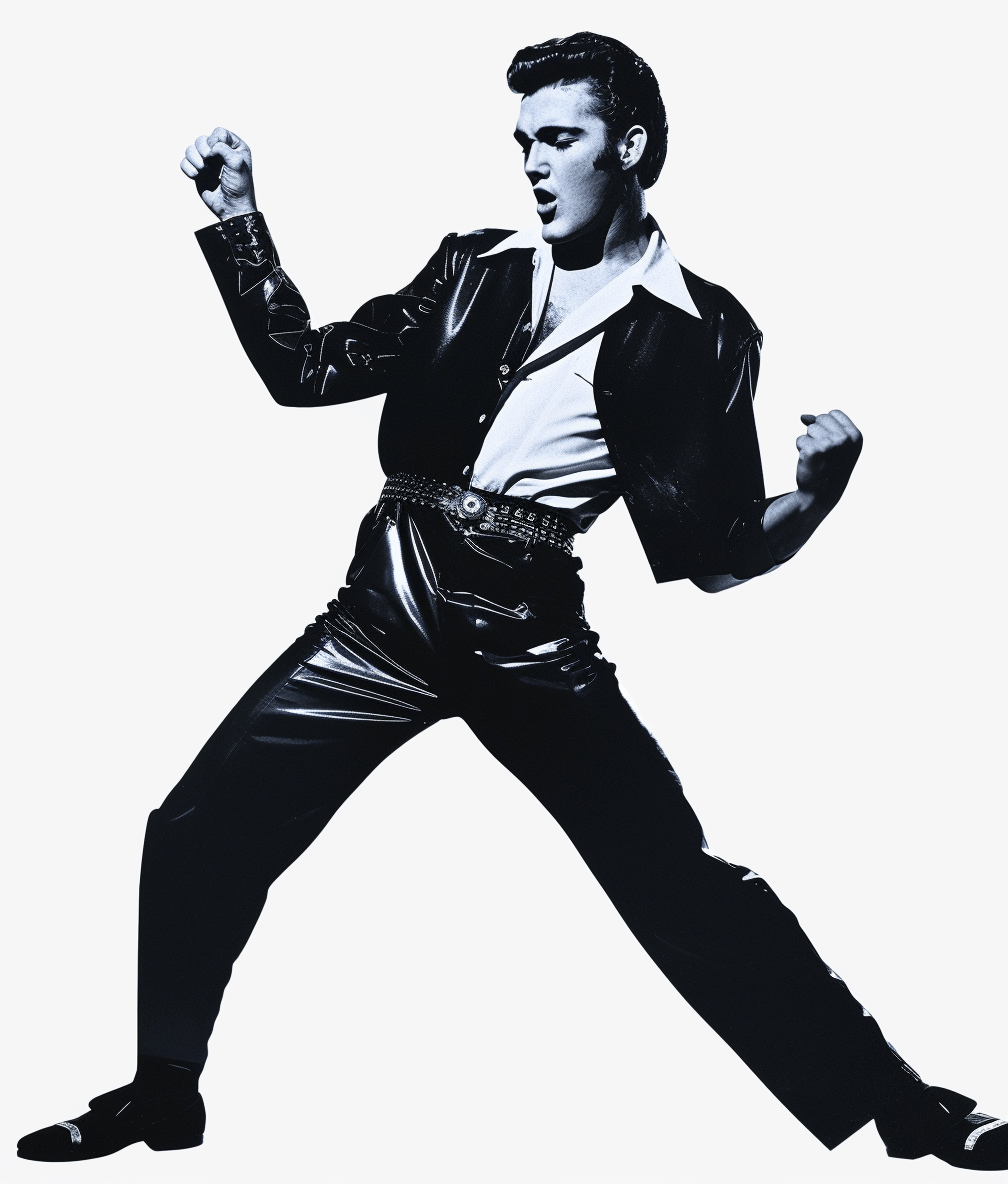 Black and white photo of Elvis Presley, wearing black leather pants, facing the camera, arms in an open pose doing his classic rock n’ roll dance move, isolated on a solid color background, with white background and white edges, at high resolution.